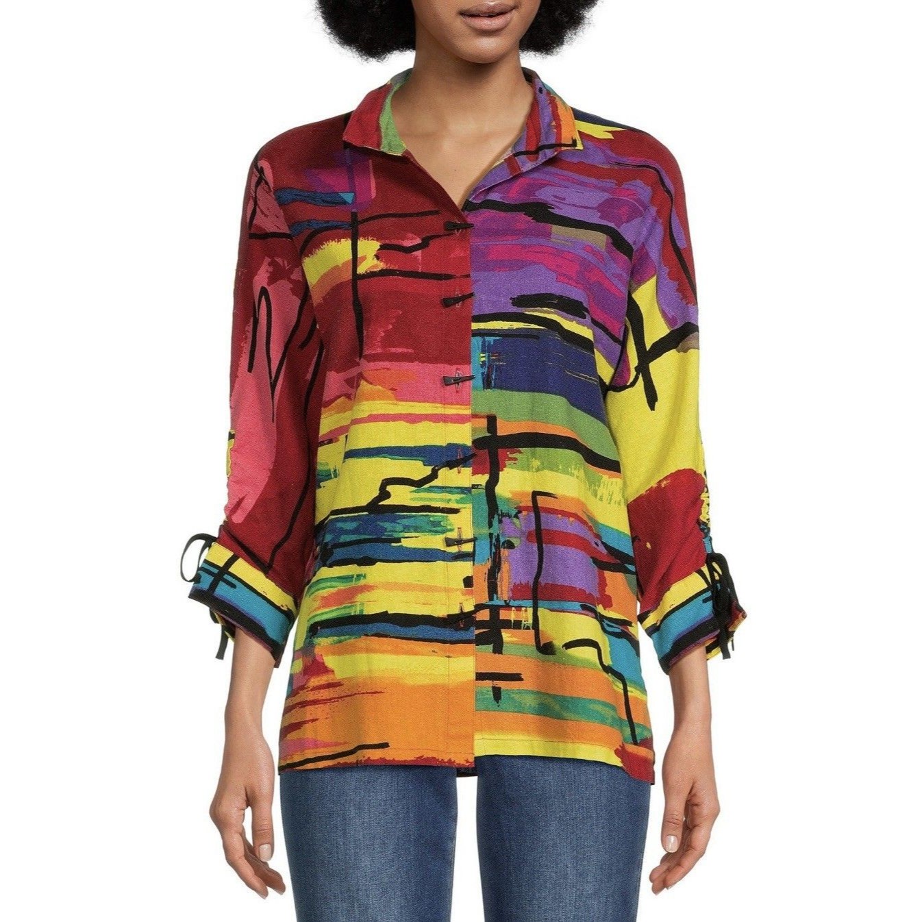 Ali Miles Size Pl Multi Abstract Print Button Down Linen Blend Top Art To Wear